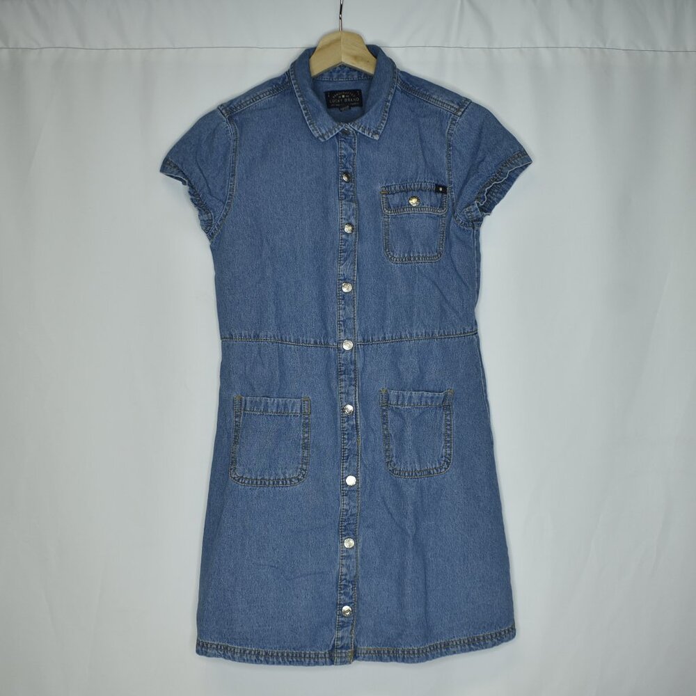 Lucky Brand Girls Dress Denim Short Sleeve Snap Button Up Pockets